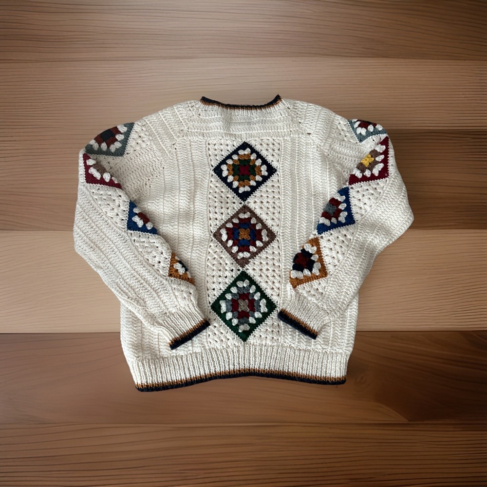 Vintage Knit Sweater crochet‎ granny square Grandpa Core large handmade Puritan